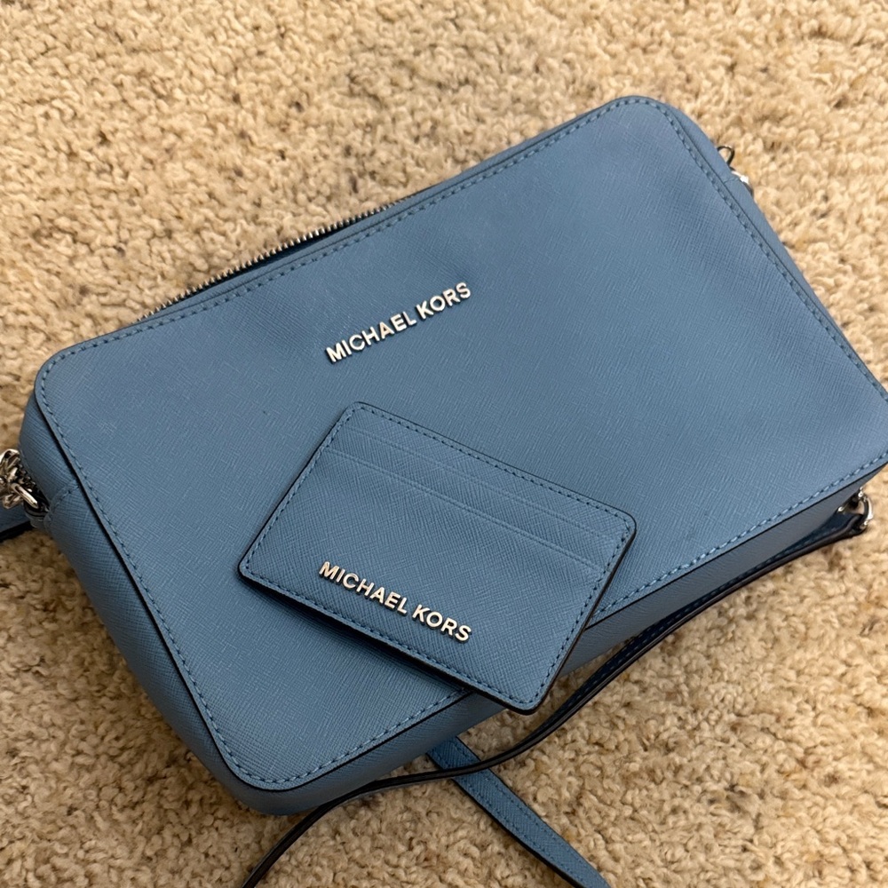 Michael Kors Jet Set Large Saffiano Leather Crossbody Bag + Card Holder | Blue - Picture 10 of 10